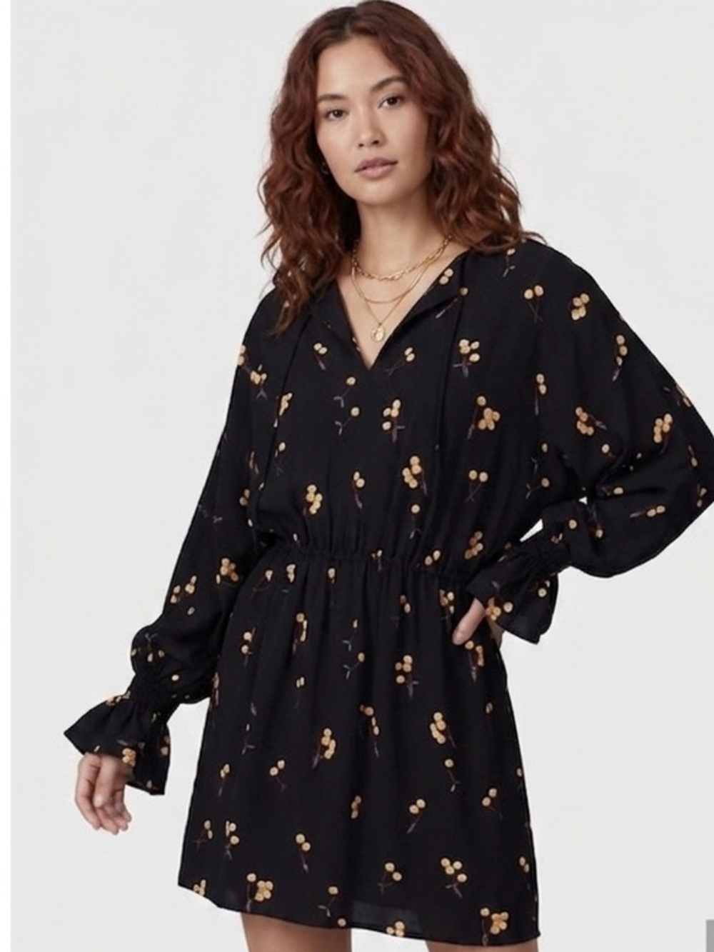 Baum und Pferdgarten Ariana Black Cherry Print Mini Dress Ruffle Smocked Cuff